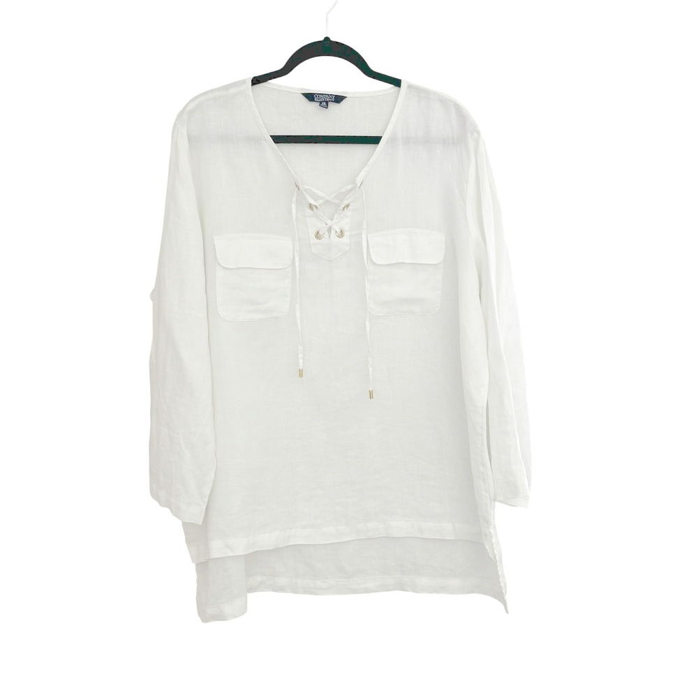 Company‎ Ellen Tracy Womens XXL White 100% Linen Lace Up Tunic Top ECMS73038 B5